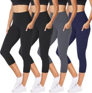 NexiEpoch 4 Pack Leggings for Women with Pockets- High Waisted Tummy Control for Workout Running Capri Yoga Pants