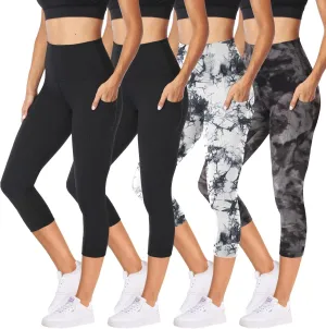 NexiEpoch 4 Pack Leggings for Women with Pockets- High Waisted Tummy Control for Workout Running Capri Yoga Pants