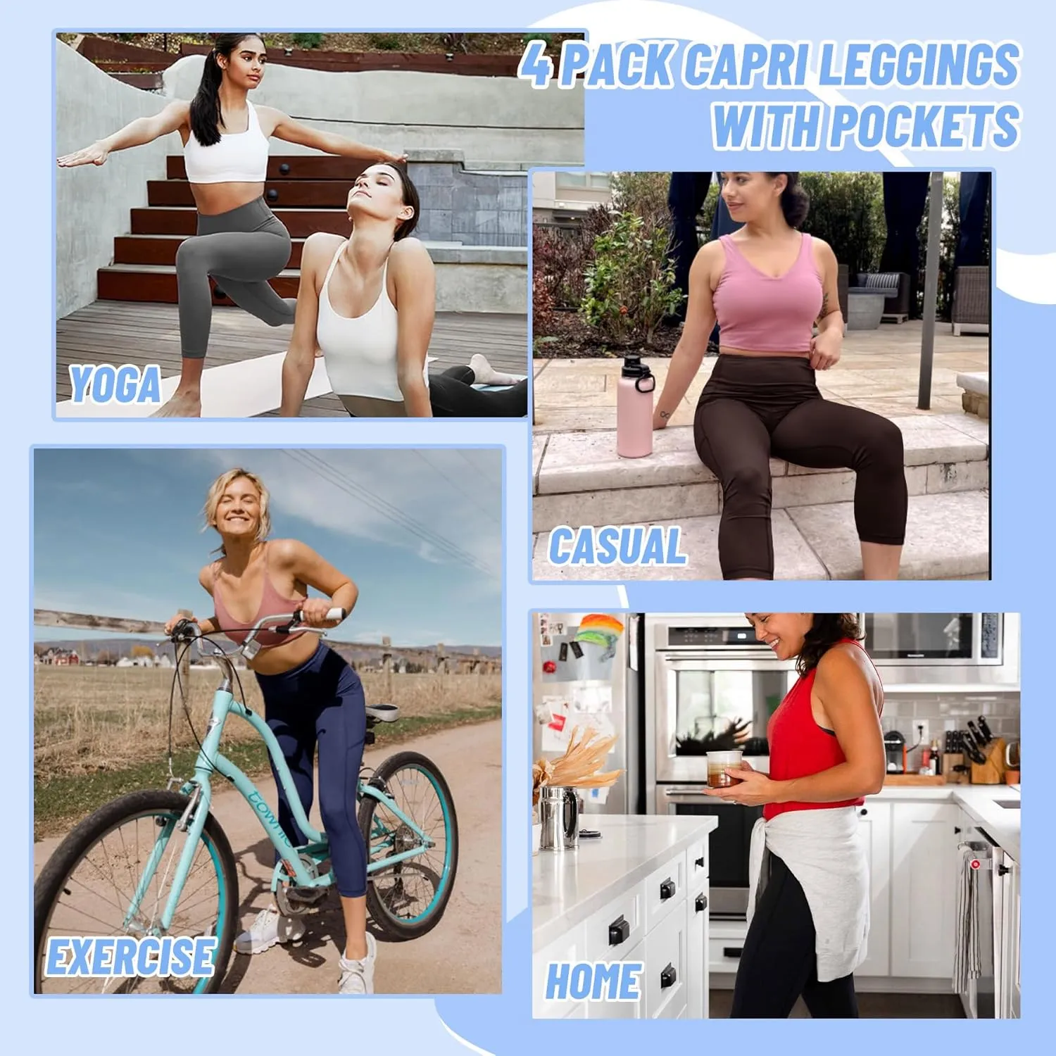 NexiEpoch 4 Pack Leggings for Women with Pockets- High Waisted Tummy Control for Workout Running Capri Yoga Pants