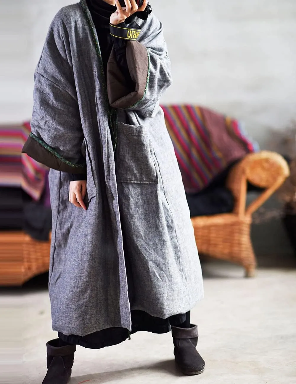 NFYM Women Vintage Trench Coat Autumn Long Sleeve Open Front Cardigan Coat Plus Size Long Jacket Overcoat Outwear
