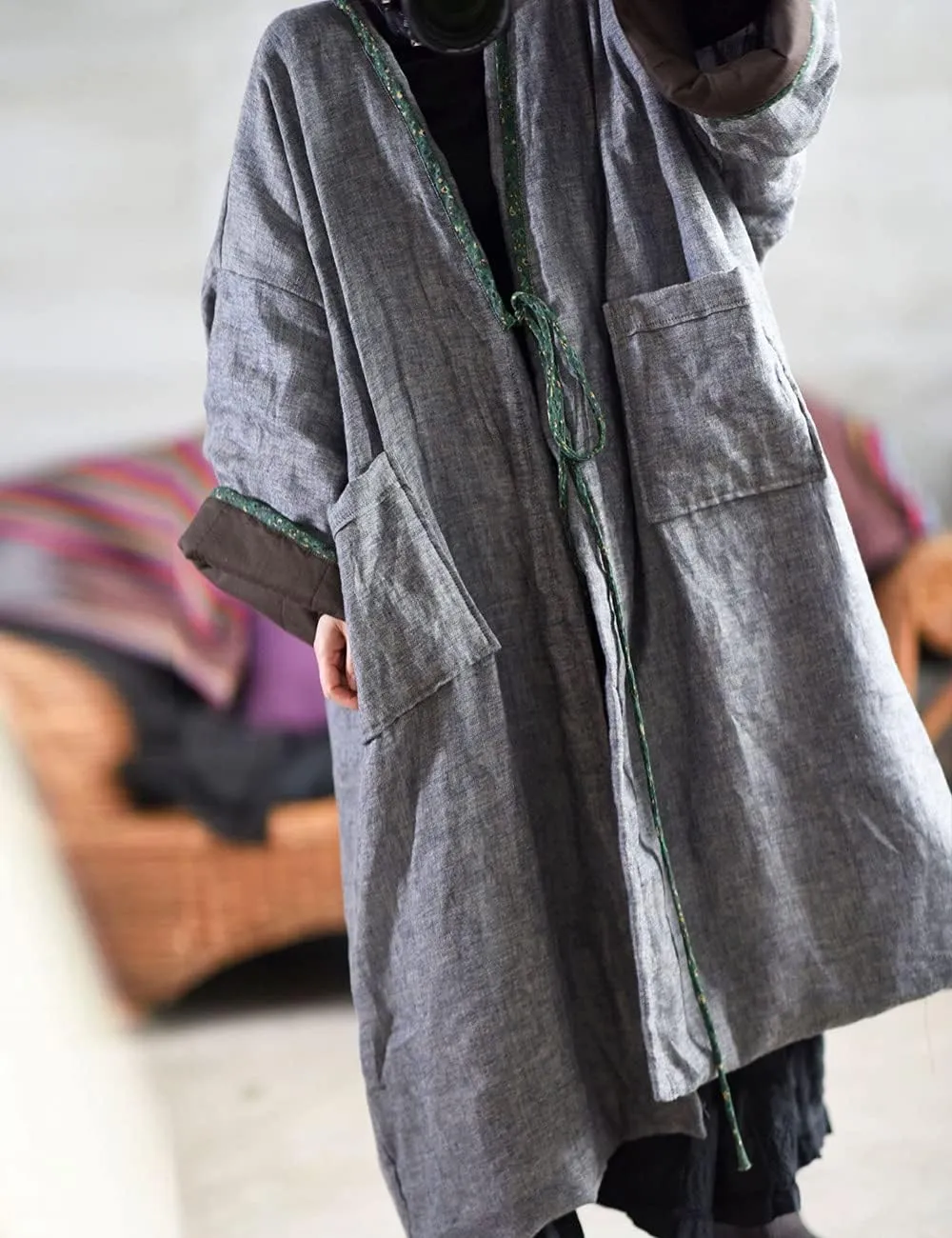NFYM Women Vintage Trench Coat Autumn Long Sleeve Open Front Cardigan Coat Plus Size Long Jacket Overcoat Outwear