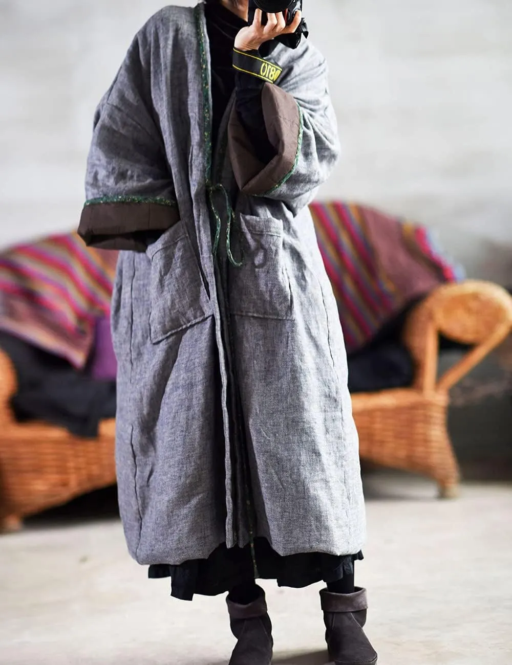 NFYM Women Vintage Trench Coat Autumn Long Sleeve Open Front Cardigan Coat Plus Size Long Jacket Overcoat Outwear