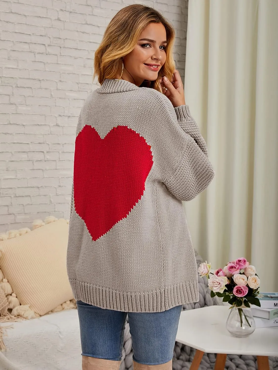 Nulibenna Women Knitted Heart Patch Open Front Long Sleeve Chunky Oversized Cardigan Sweater Loose Valentine Outerwear Coat