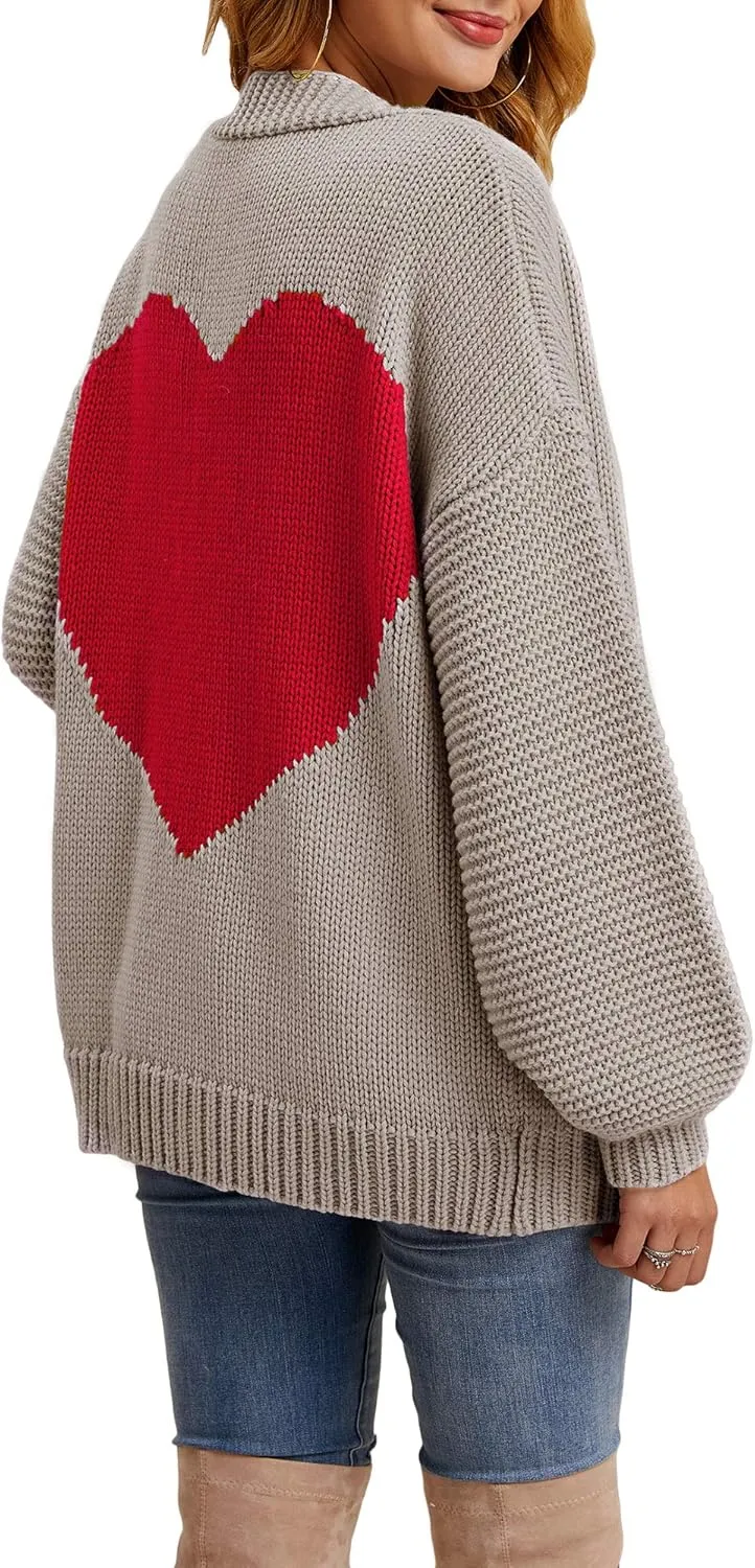 Nulibenna Women Knitted Heart Patch Open Front Long Sleeve Chunky Oversized Cardigan Sweater Loose Valentine Outerwear Coat