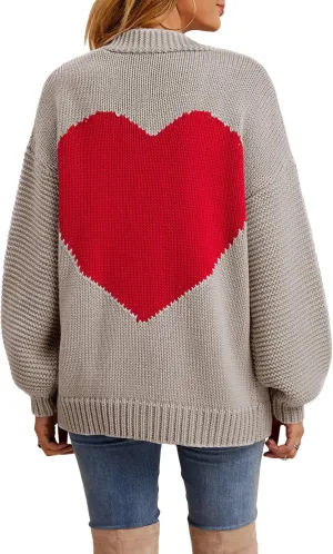 Nulibenna Women Knitted Heart Patch Open Front Long Sleeve Chunky Oversized Cardigan Sweater Loose Valentine Outerwear Coat