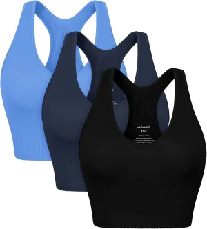 ODODOS 3-Pack Seamless Racerback Crop Tank for Women Ribbed Knit Soft Crop Tops