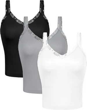 ODODOS Lace Trim Seamless Top for Women Ribbed Soft V Neck Cami Tank Tops