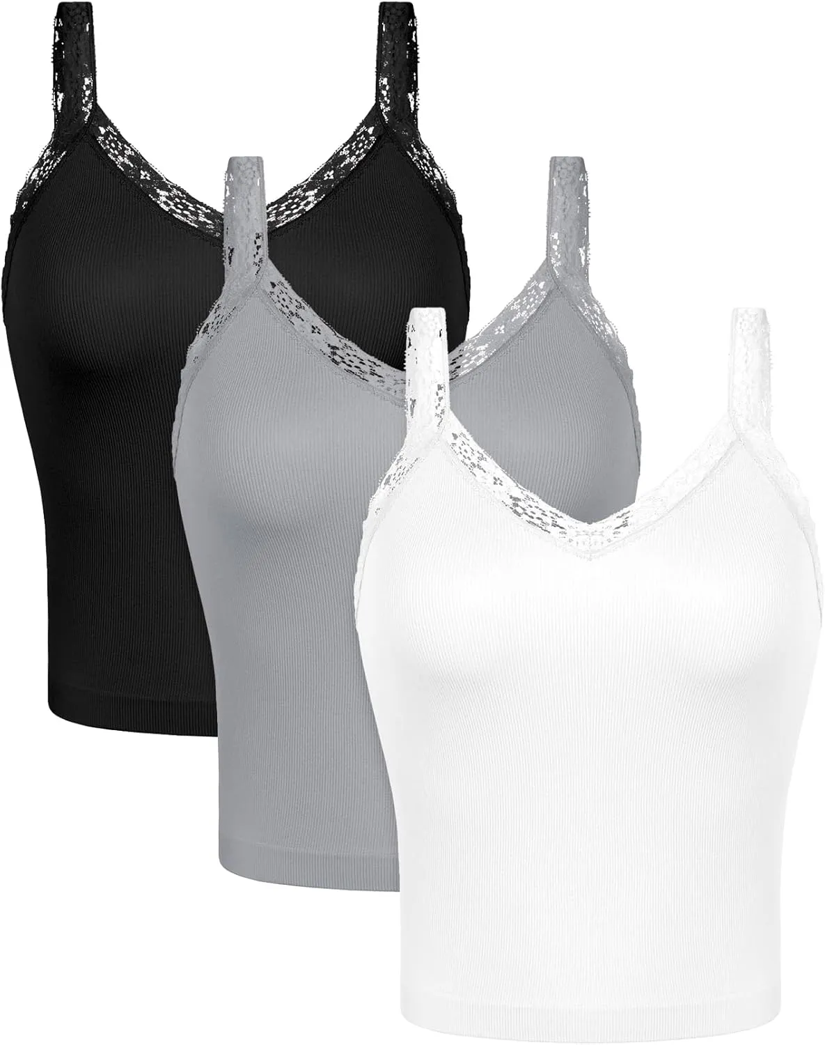 ODODOS Lace Trim Seamless Top for Women Ribbed Soft V Neck Cami Tank Tops
