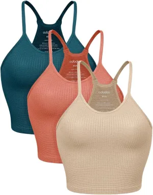 ODODOS Women's Crop 3-Pack Waffle Knit Seamless Camisole Cropped Tank Tops