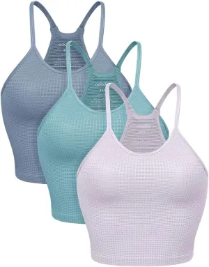 ODODOS Women's Crop 3-Pack Waffle Knit Seamless Camisole Cropped Tank Tops