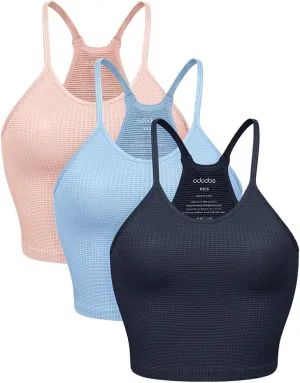 ODODOS Women's Crop 3-Pack Waffle Knit Seamless Camisole Cropped Tank Tops