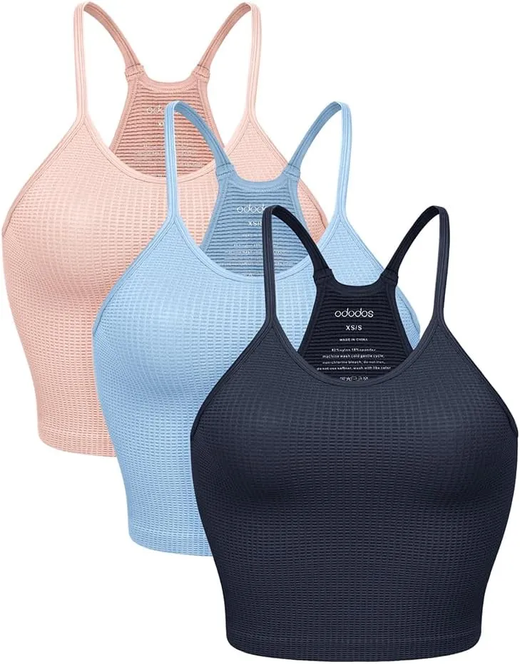 ODODOS Women's Crop 3-Pack Waffle Knit Seamless Camisole Cropped Tank Tops