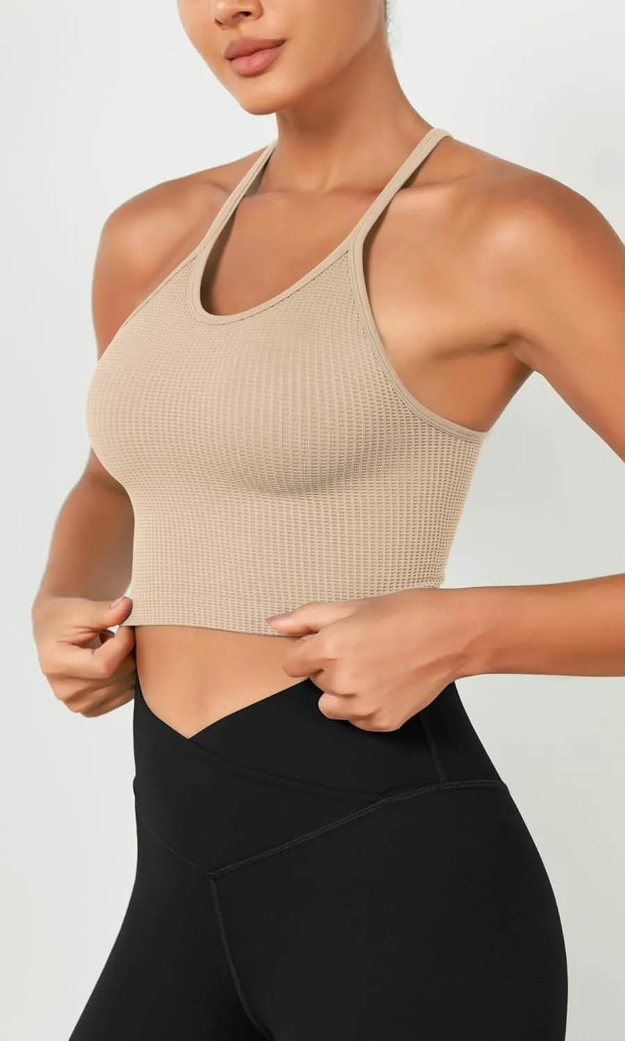 ODODOS Women's Crop 3-Pack Waffle Knit Seamless Camisole Cropped Tank Tops