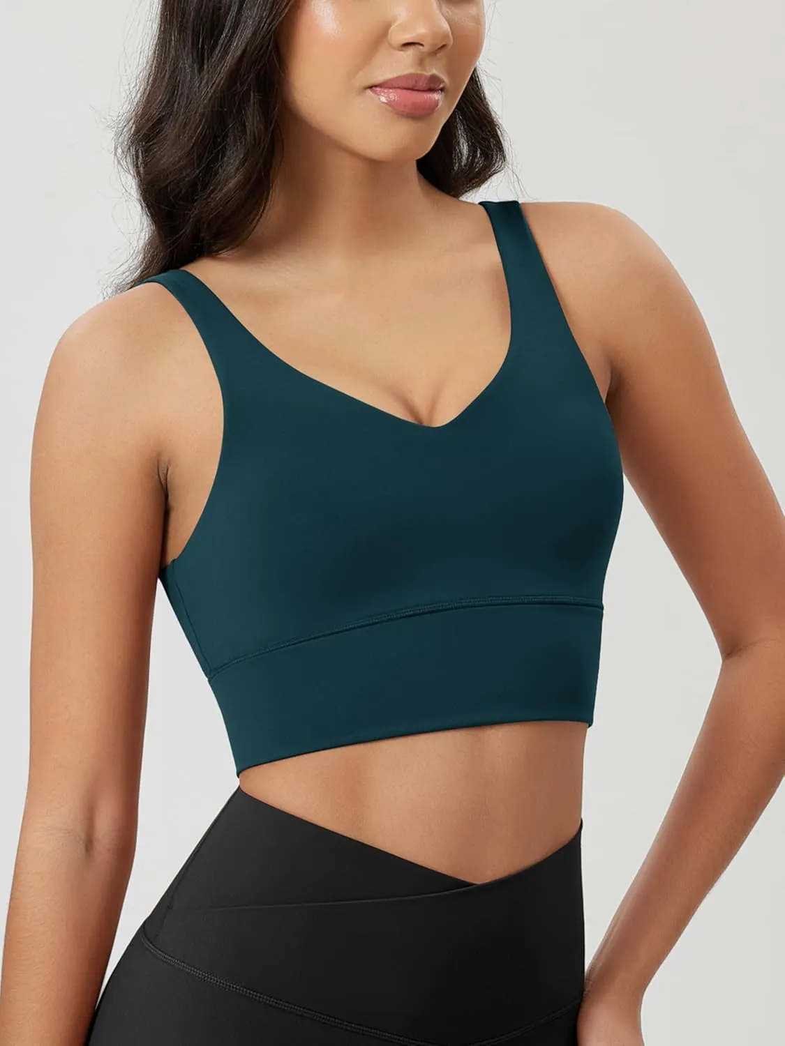 ODODOS Women's Longline U-Back Sports Bra V-Neck Padded Yoga Workout Wirefree Tank Top