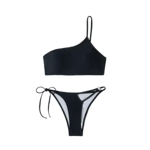 One Shoulder Cut Out Ribbed Bikini Set