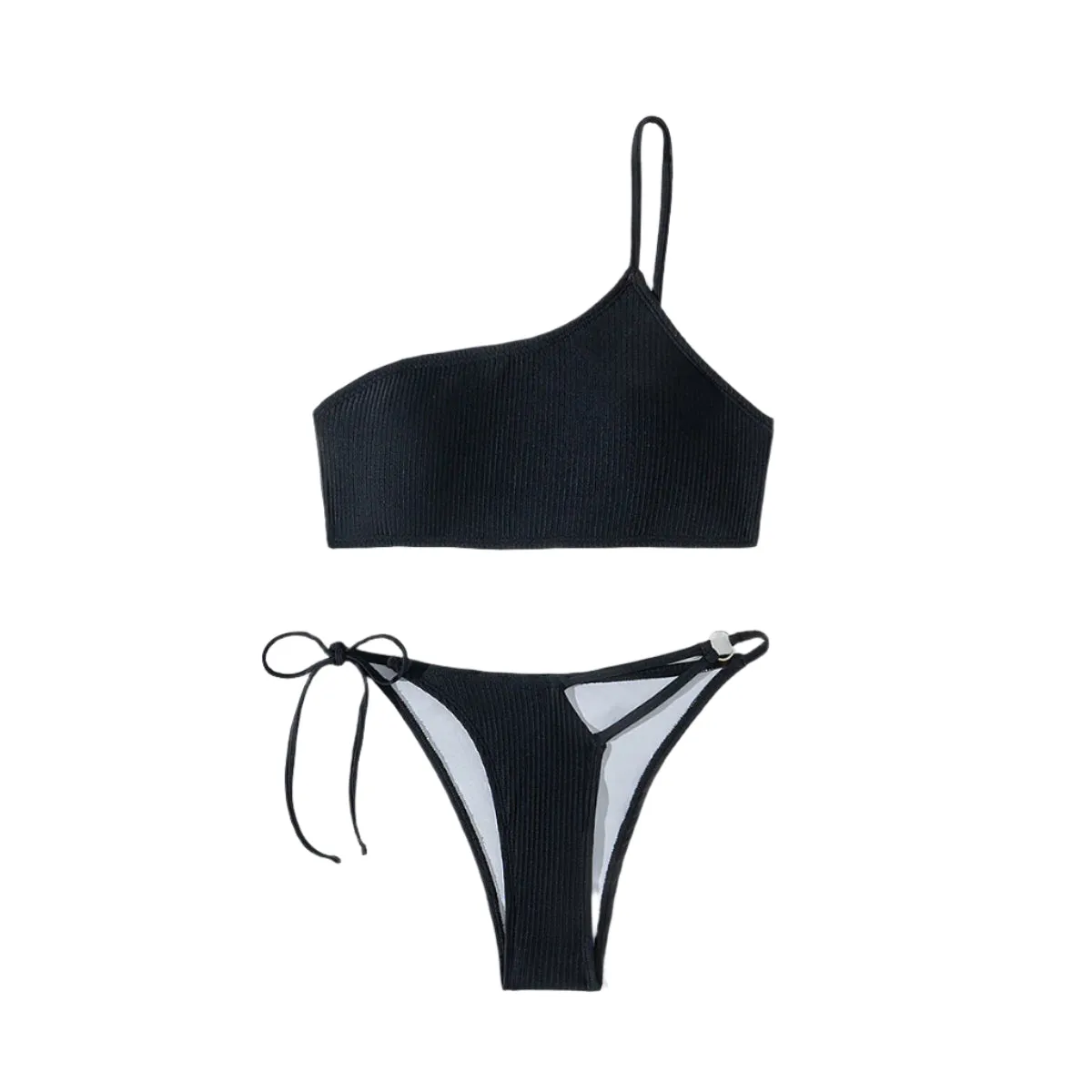 One Shoulder Cut Out Ribbed Bikini Set