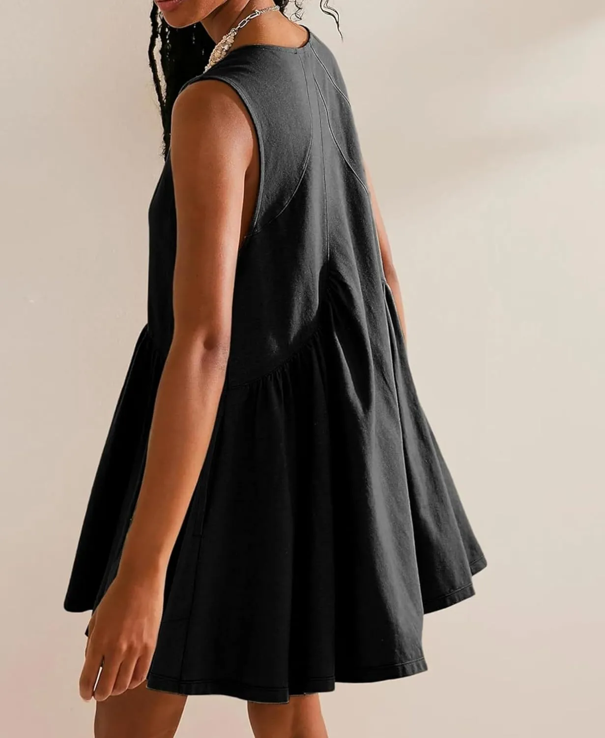 OPCAKM Women's V Neck Sleeveless Mini Dress Loose Summer Pleated Swing Flowy Sundress