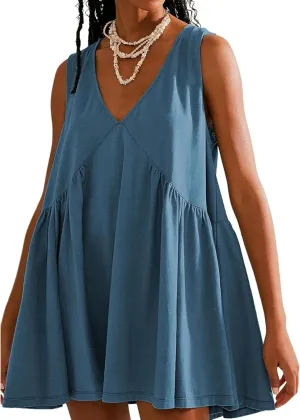 OPCAKM Women's V Neck Sleeveless Mini Dress Loose Summer Pleated Swing Flowy Sundress