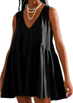 OPCAKM Women's V Neck Sleeveless Mini Dress Loose Summer Pleated Swing Flowy Sundress
