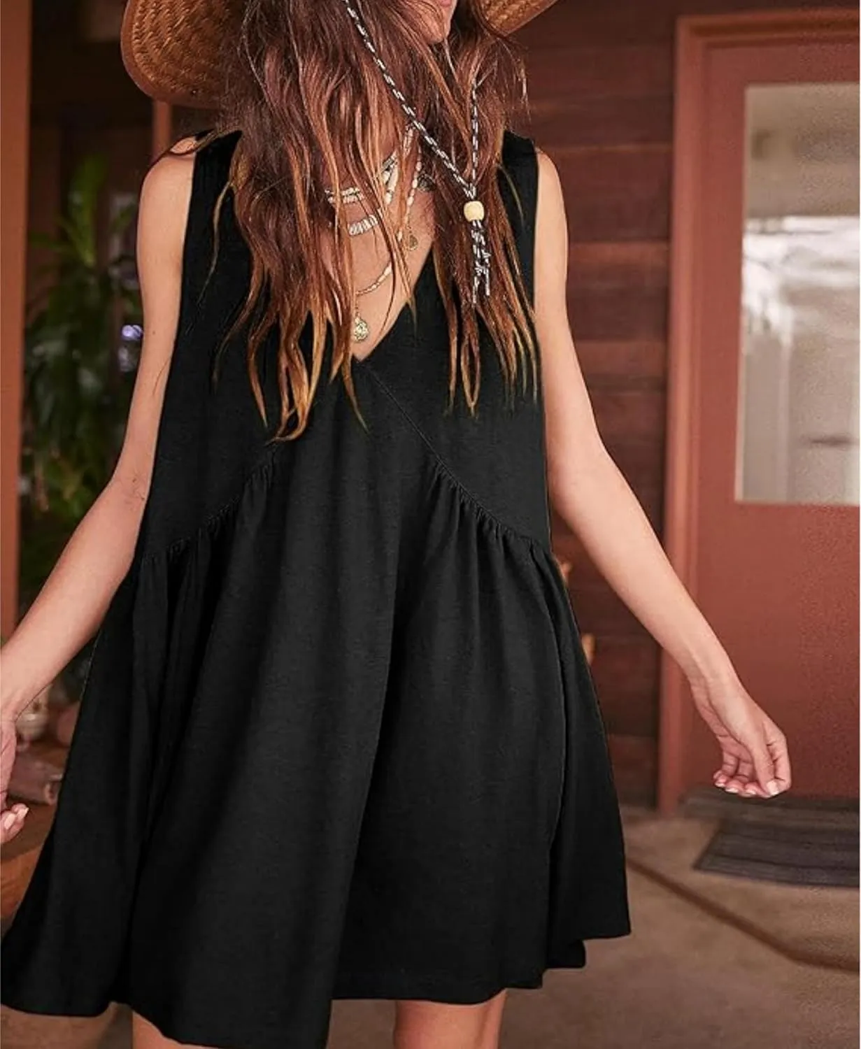 OPCAKM Women's V Neck Sleeveless Mini Dress Loose Summer Pleated Swing Flowy Sundress