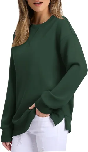 Oversized Crewneck Sweatshirt Women Side Slit Long Sleeve Fleece Pullover Tops Soft Cozy Plain Hoodie Preppy Clothes