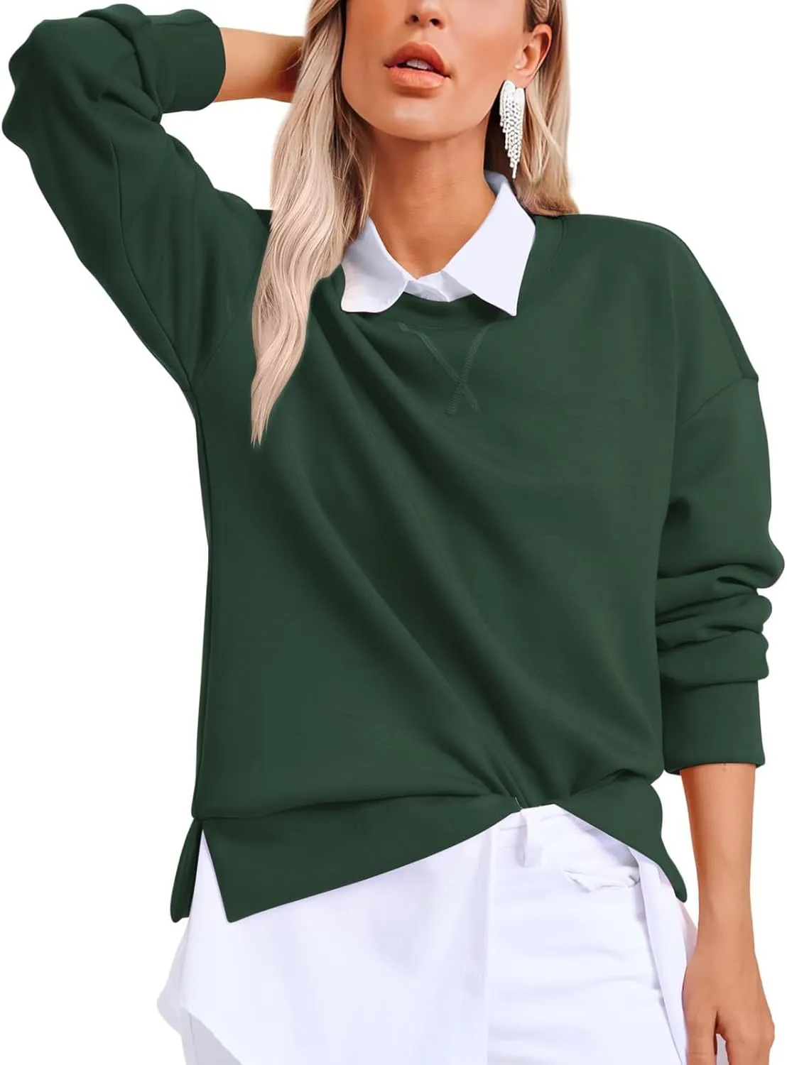 Oversized Crewneck Sweatshirt Women Side Slit Long Sleeve Fleece Pullover Tops Soft Cozy Plain Hoodie Preppy Clothes