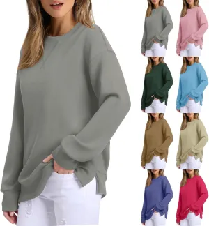 Oversized Crewneck Sweatshirt Women Side Slit Long Sleeve Fleece Pullover Tops Soft Cozy Plain Hoodie Preppy Clothes