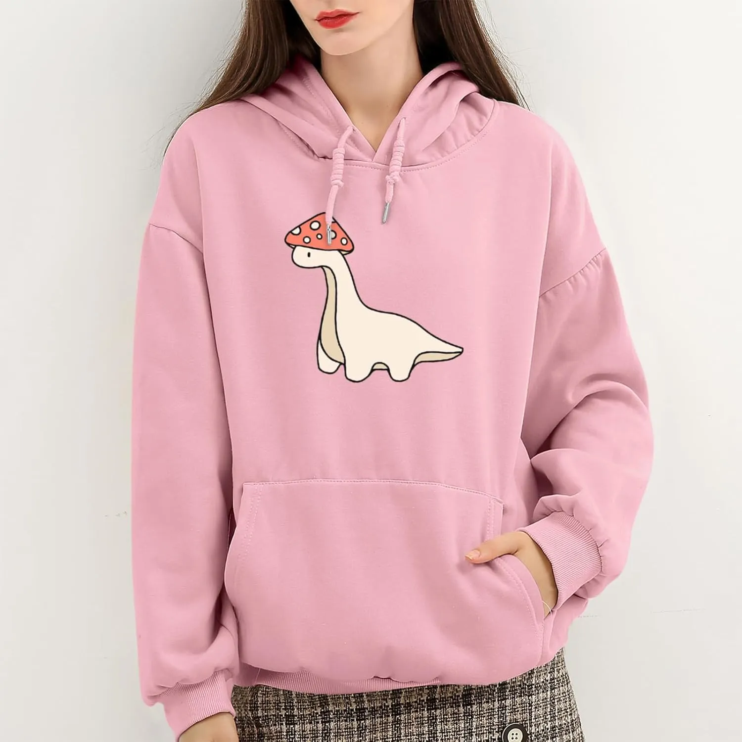 Oversized Cute Mushroom Dino Print Hoodies for Womens Kawaii Cartoon Sweatshirt Teen Girls Cotton Fleece Sweaters