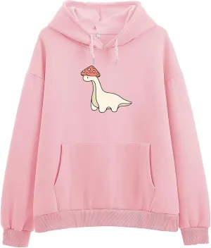 Oversized Cute Mushroom Dino Print Hoodies for Womens Kawaii Cartoon Sweatshirt Teen Girls Cotton Fleece Sweaters