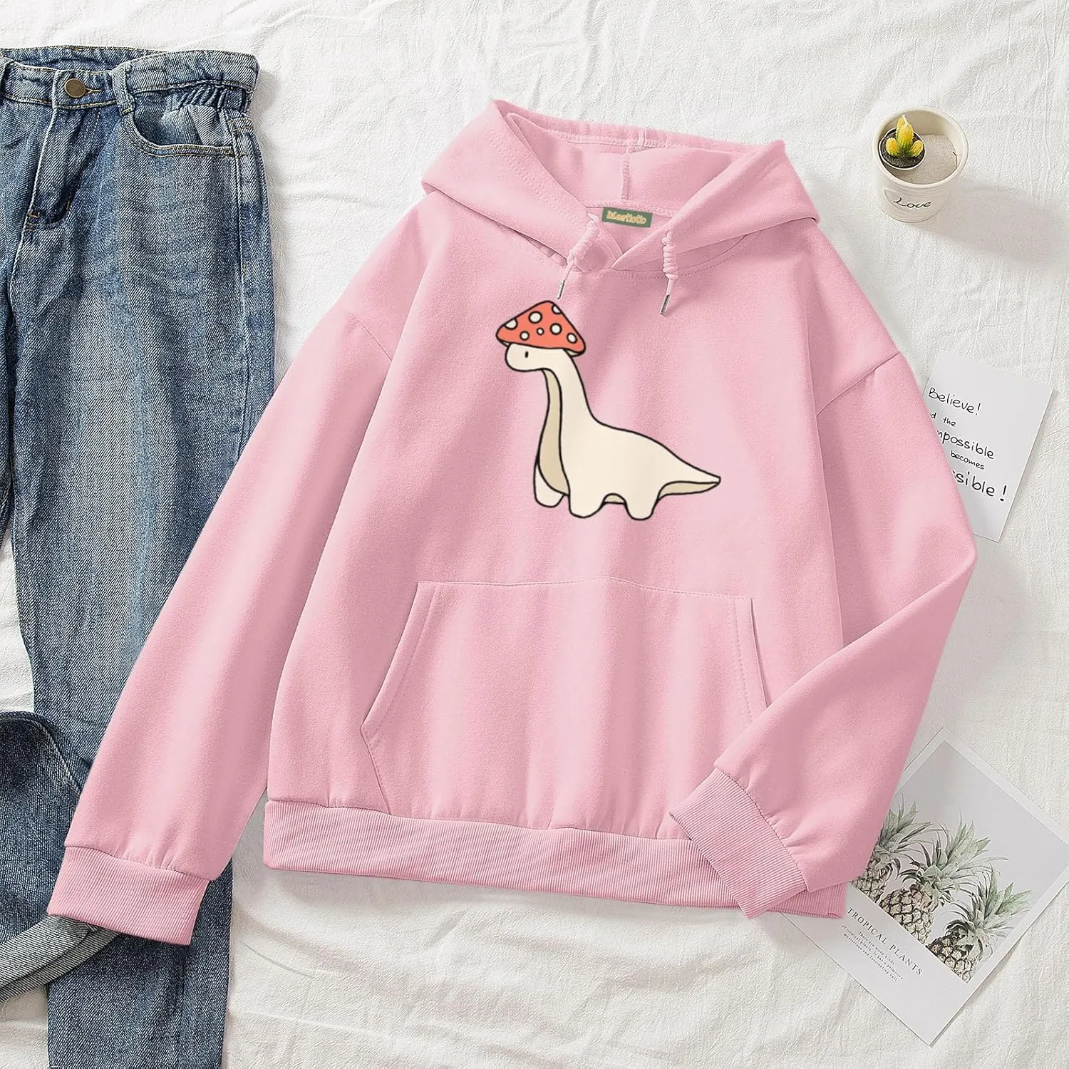 Oversized Cute Mushroom Dino Print Hoodies for Womens Kawaii Cartoon Sweatshirt Teen Girls Cotton Fleece Sweaters