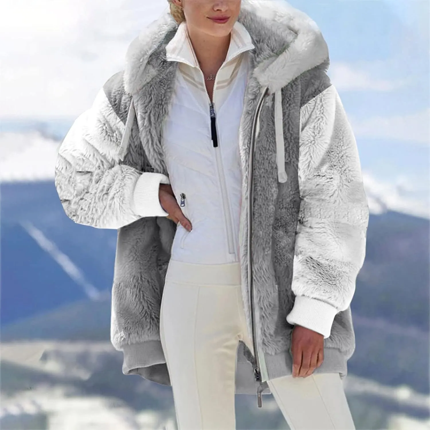Oversized Fuzzy Fleece Jackets For Women Fashion 2023 Color Block Faux Fur Cardigan Coat Shaggy Warm Winter Outerwear