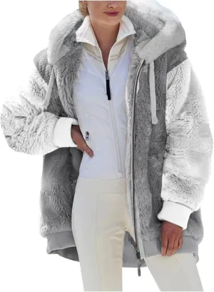 Oversized Fuzzy Fleece Jackets For Women Fashion 2023 Color Block Faux Fur Cardigan Coat Shaggy Warm Winter Outerwear