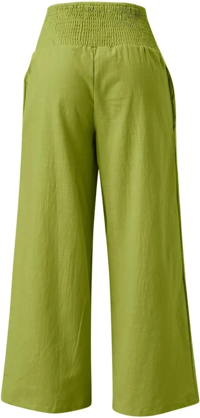 Palazzo Pants Womens Casual Linen High Waist Pants Drawstring Loose Fit Summer Pants Trousers with Side Pockets