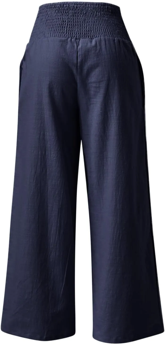 Palazzo Pants Womens Casual Linen High Waist Pants Drawstring Loose Fit Summer Pants Trousers with Side Pockets