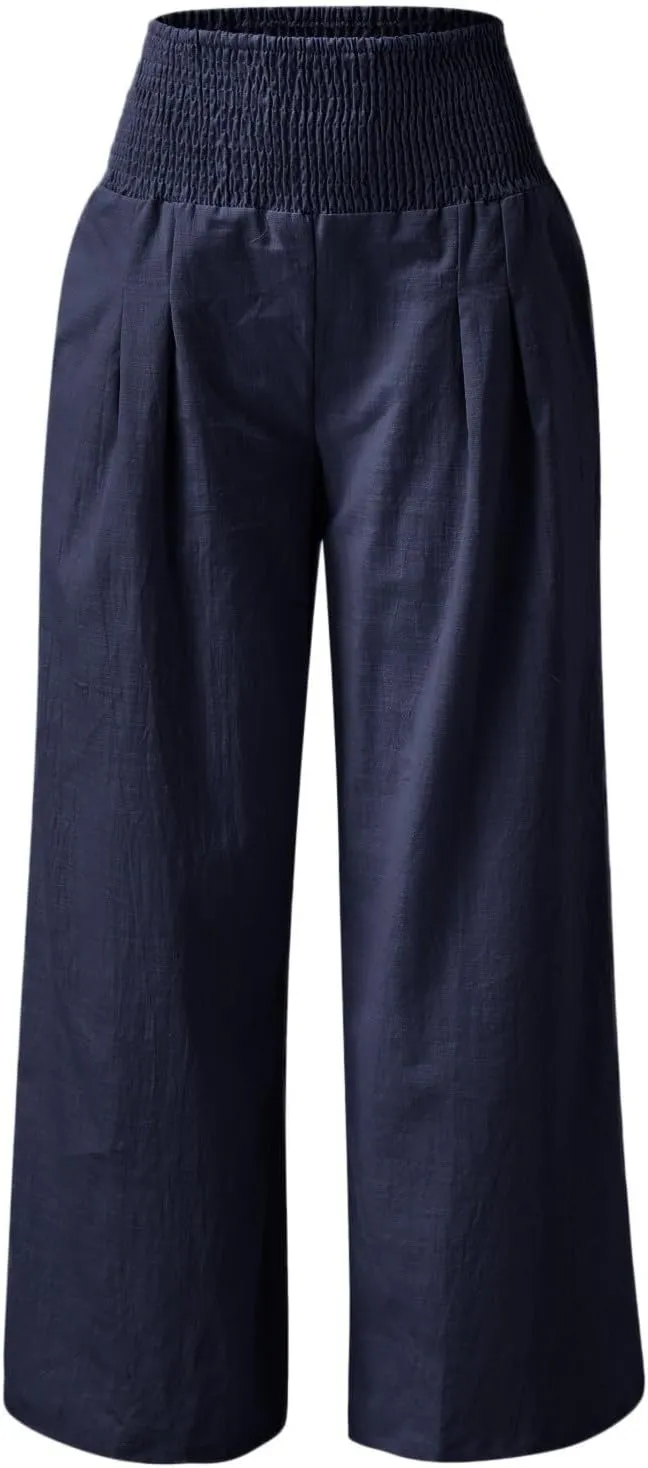 Palazzo Pants Womens Casual Linen High Waist Pants Drawstring Loose Fit Summer Pants Trousers with Side Pockets