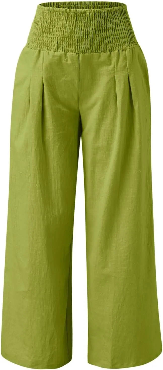 Palazzo Pants Womens Casual Linen High Waist Pants Drawstring Loose Fit Summer Pants Trousers with Side Pockets