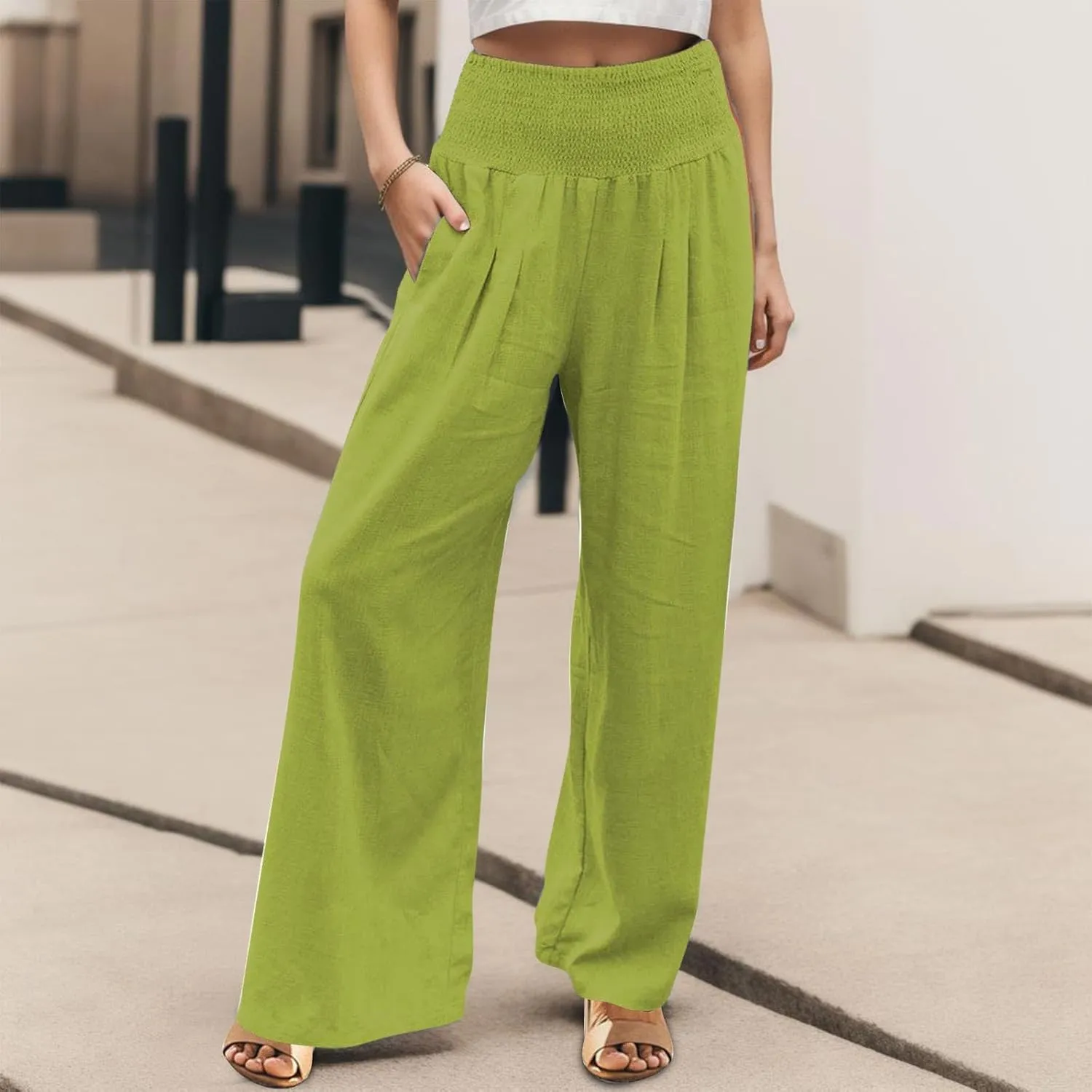 Palazzo Pants Womens Casual Linen High Waist Pants Drawstring Loose Fit Summer Pants Trousers with Side Pockets