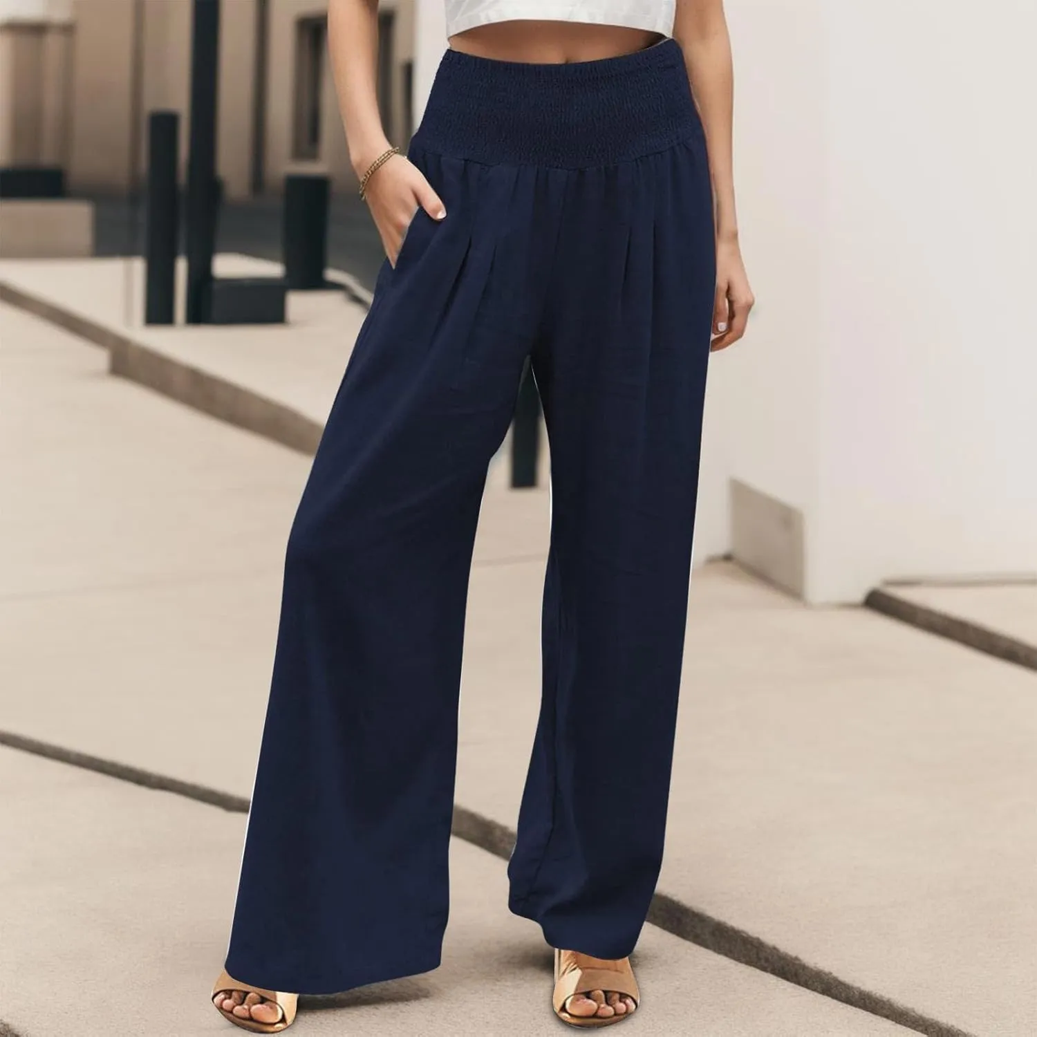 Palazzo Pants Womens Casual Linen High Waist Pants Drawstring Loose Fit Summer Pants Trousers with Side Pockets
