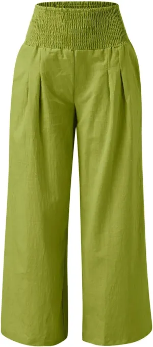 Palazzo Pants Womens Casual Linen High Waist Pants Drawstring Loose Fit Summer Pants Trousers with Side Pockets