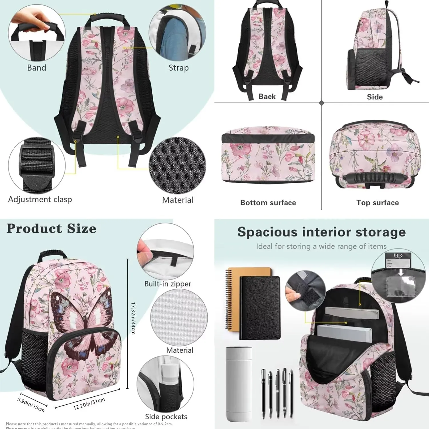 Pink Butterfly Backpack Girl Lightweight 17 Inch Bookbag for Teen Girls with Lunch Box Versatile Cute Lunch Bag Insulated Floral Classic Back Packs 3 in 1