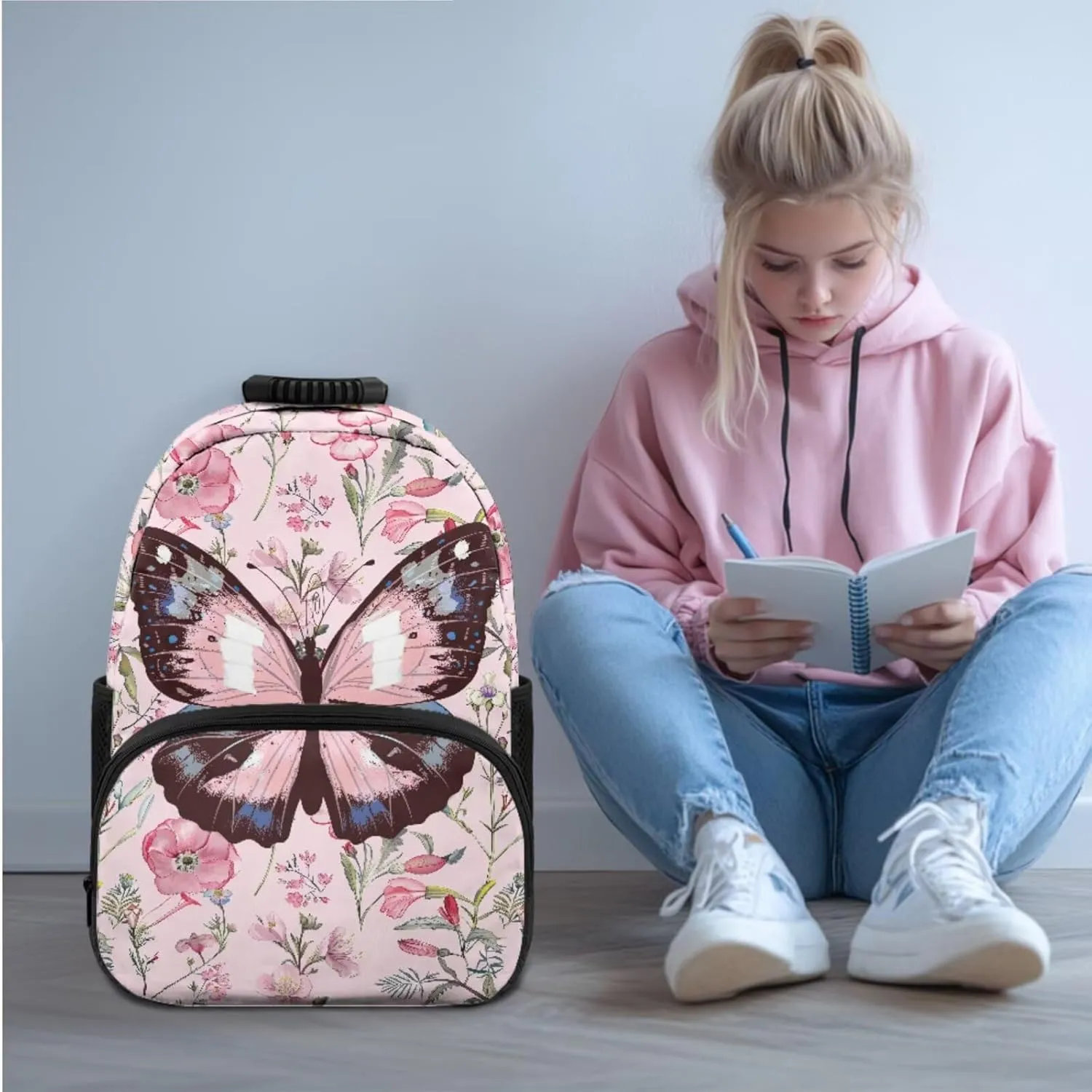 Pink Butterfly Backpack Girl Lightweight 17 Inch Bookbag for Teen Girls with Lunch Box Versatile Cute Lunch Bag Insulated Floral Classic Back Packs 3 in 1