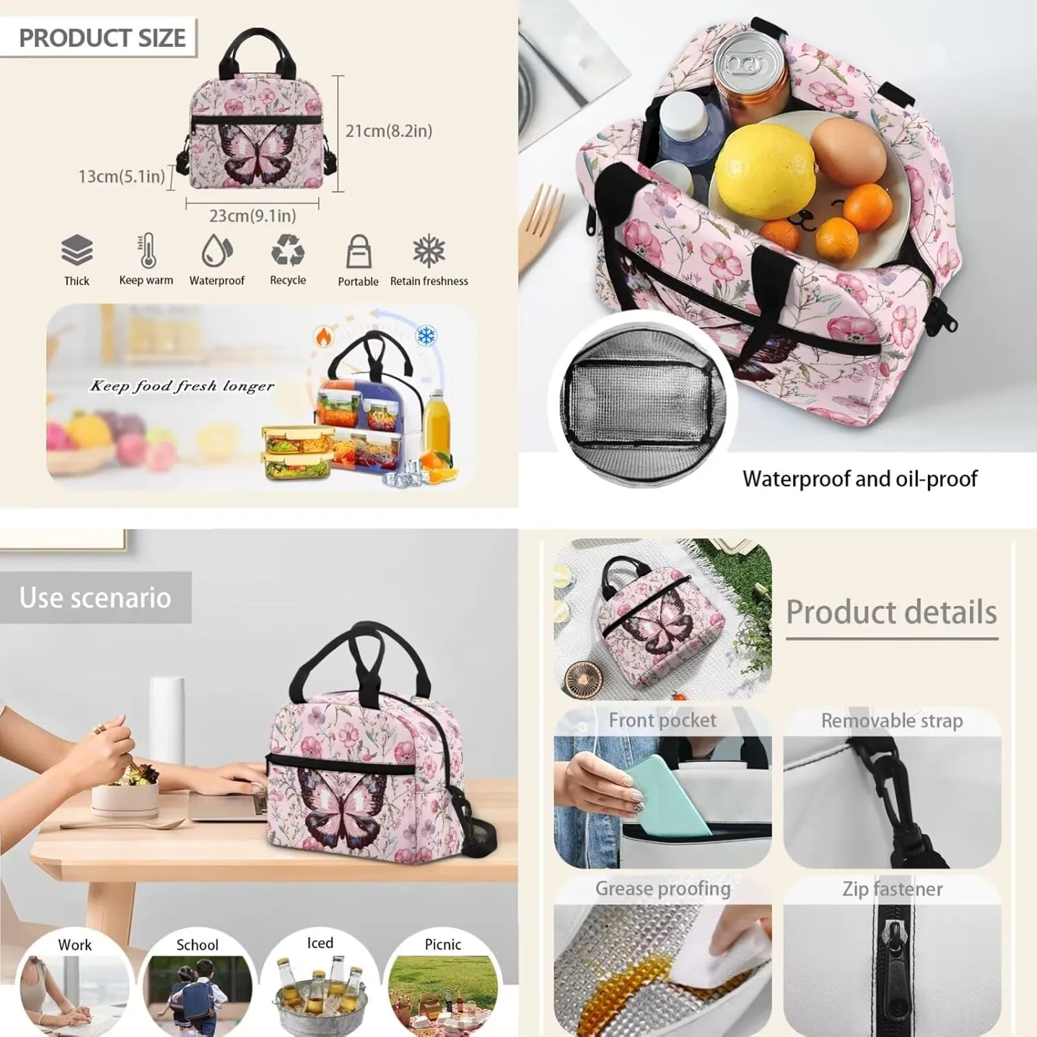 Pink Butterfly Backpack Girl Lightweight 17 Inch Bookbag for Teen Girls with Lunch Box Versatile Cute Lunch Bag Insulated Floral Classic Back Packs 3 in 1