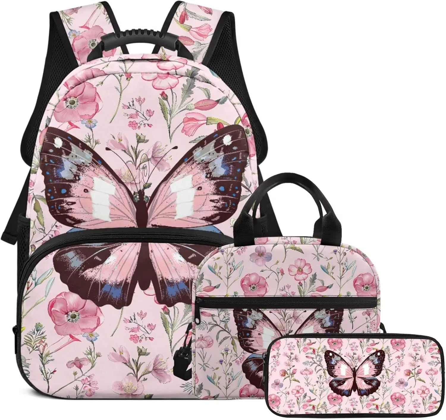 Pink Butterfly Backpack Girl Lightweight 17 Inch Bookbag for Teen Girls with Lunch Box Versatile Cute Lunch Bag Insulated Floral Classic Back Packs 3 in 1