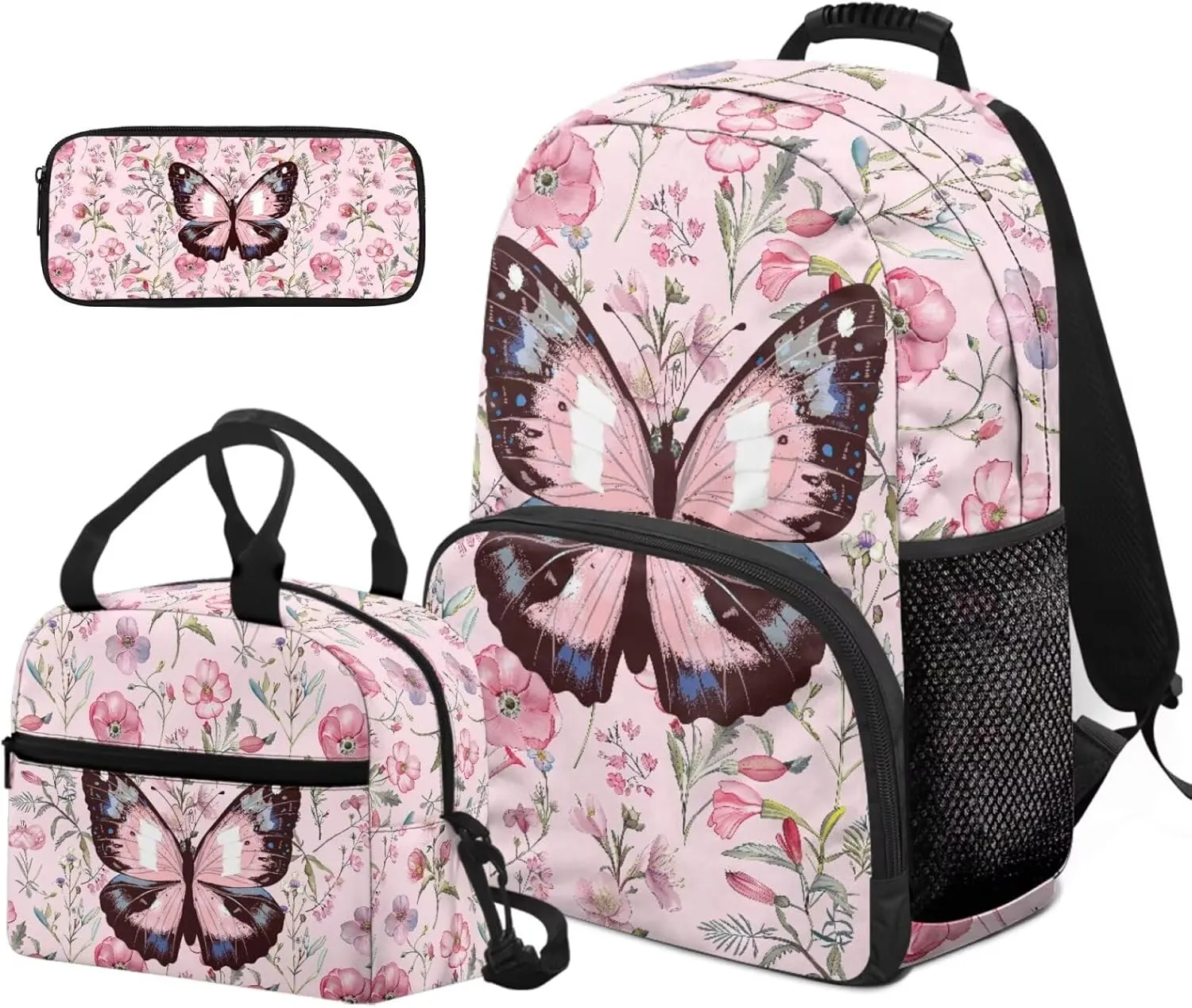 Pink Butterfly Backpack Girl Lightweight 17 Inch Bookbag for Teen Girls with Lunch Box Versatile Cute Lunch Bag Insulated Floral Classic Back Packs 3 in 1