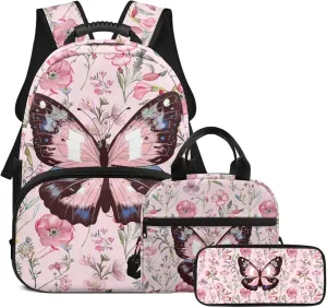 Pink Butterfly Backpack Girl Lightweight 17 Inch Bookbag for Teen Girls with Lunch Box Versatile Cute Lunch Bag Insulated Floral Classic Back Packs 3 in 1