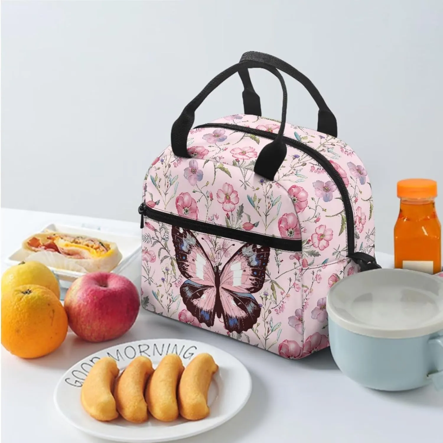 Pink Butterfly Backpack Girl Lightweight 17 Inch Bookbag for Teen Girls with Lunch Box Versatile Cute Lunch Bag Insulated Floral Classic Back Packs 3 in 1