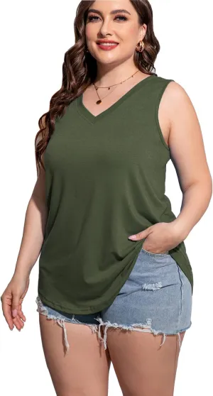 Plus Size Sleeveless Tops Women Casual Summer Sleeveless Loose Fit V Neck Ladies Basic Tshirt