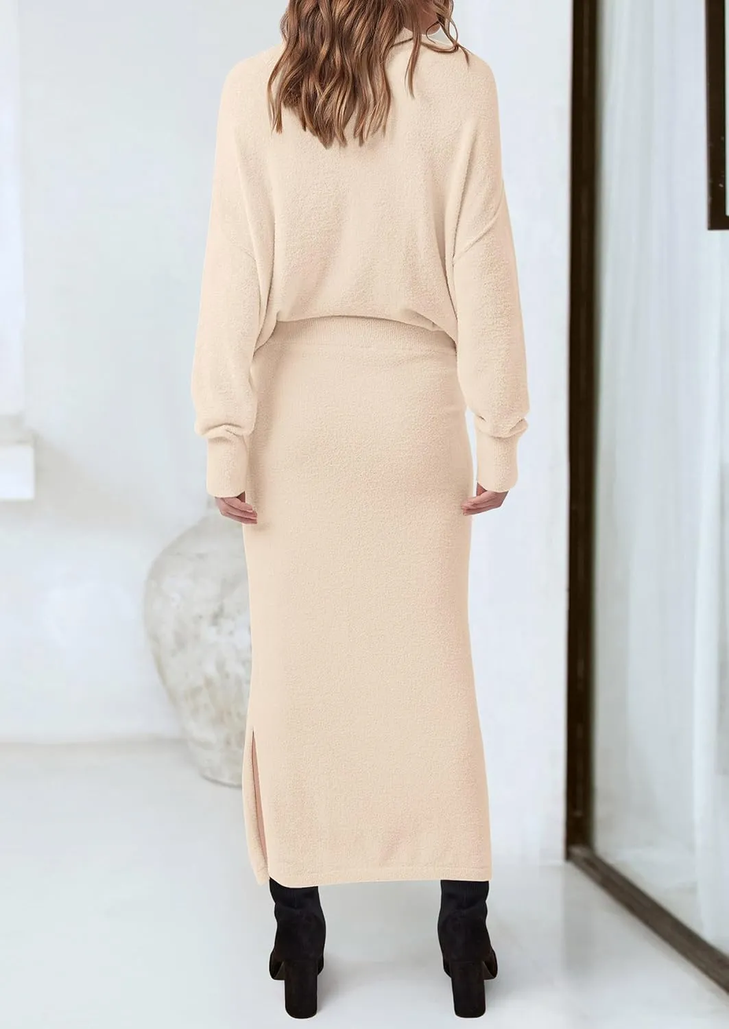 PRETTYGARDEN Women's Two Piece Matching Sweater Sets Knit Long Sleeve Pullover Tops Bodycon Long Maxi Skirts Fall Outfits