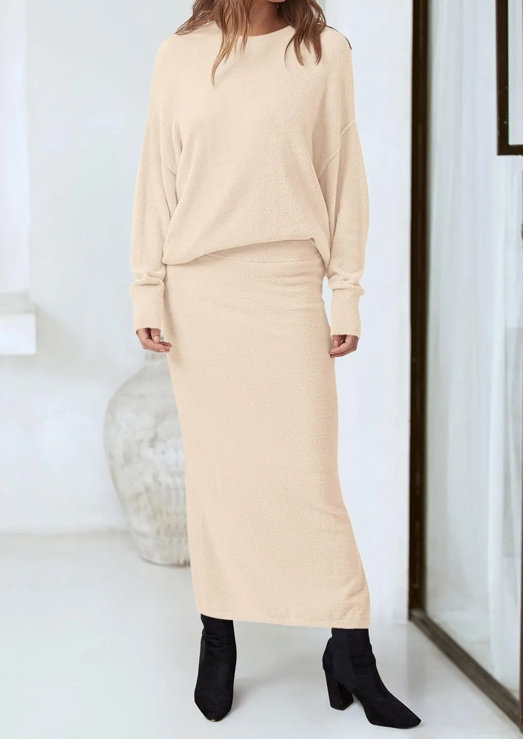 PRETTYGARDEN Women's Two Piece Matching Sweater Sets Knit Long Sleeve Pullover Tops Bodycon Long Maxi Skirts Fall Outfits