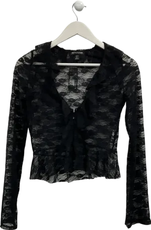 PrettyLittleThing Black Lace Plunge Frill Top UK 10